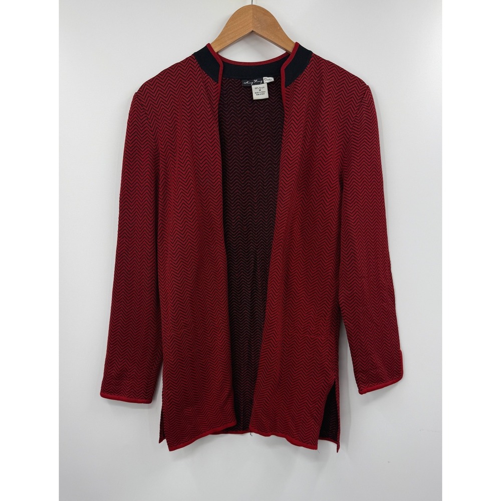 Ming Wang Toula Red Black Chevron Open Front Cardigan Sweater Womens Medium